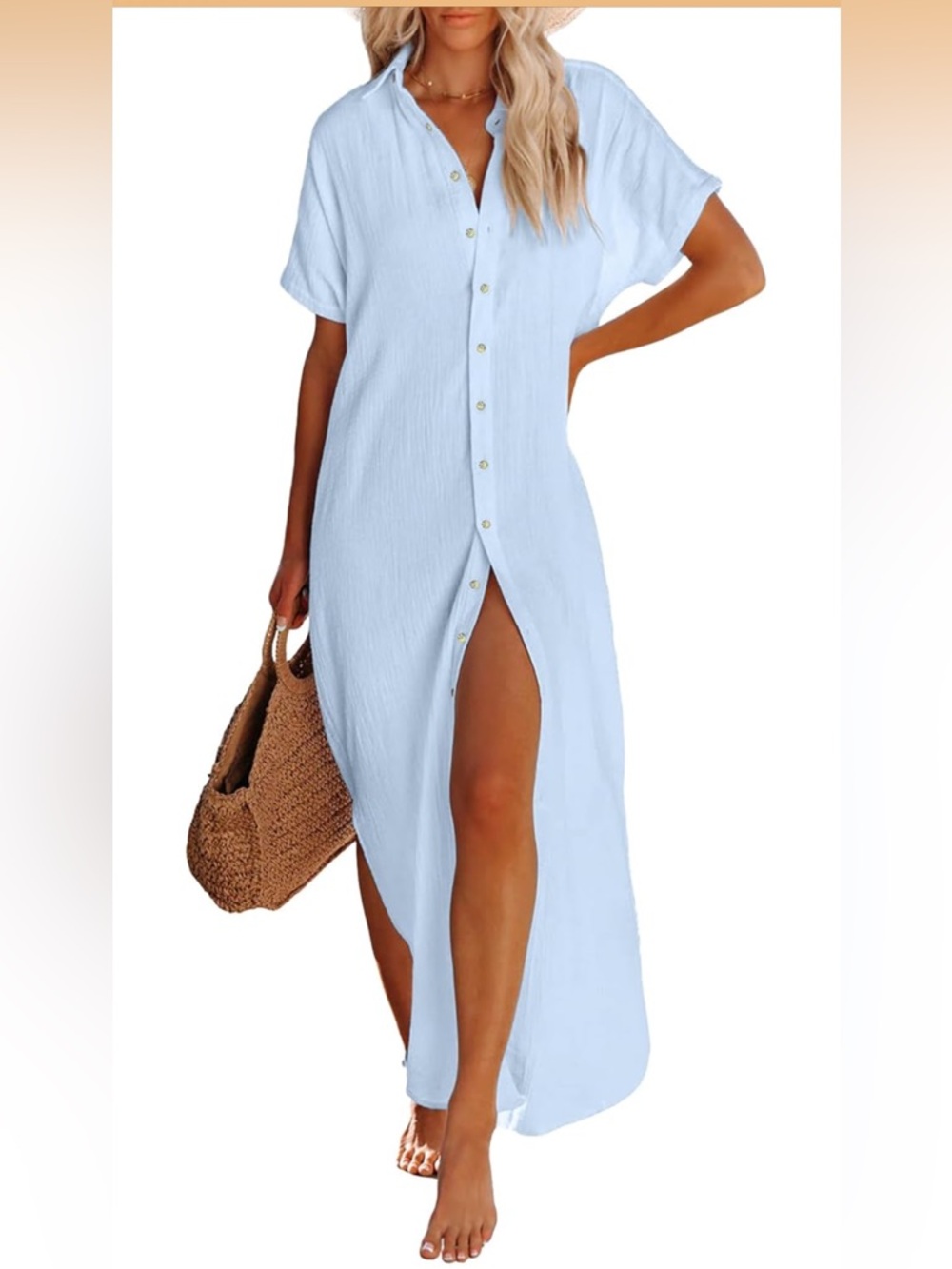 Light Blue Button-Front Swim Cover-Up Maxi - Picture 4 of 11